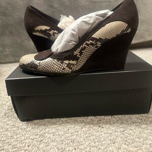 BCBGMaxAzria Brown Suede Wedges with Snake-Print Accent